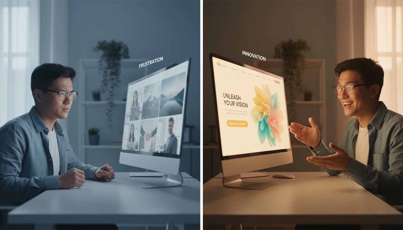 Visual sequence showing problem to solution transformation